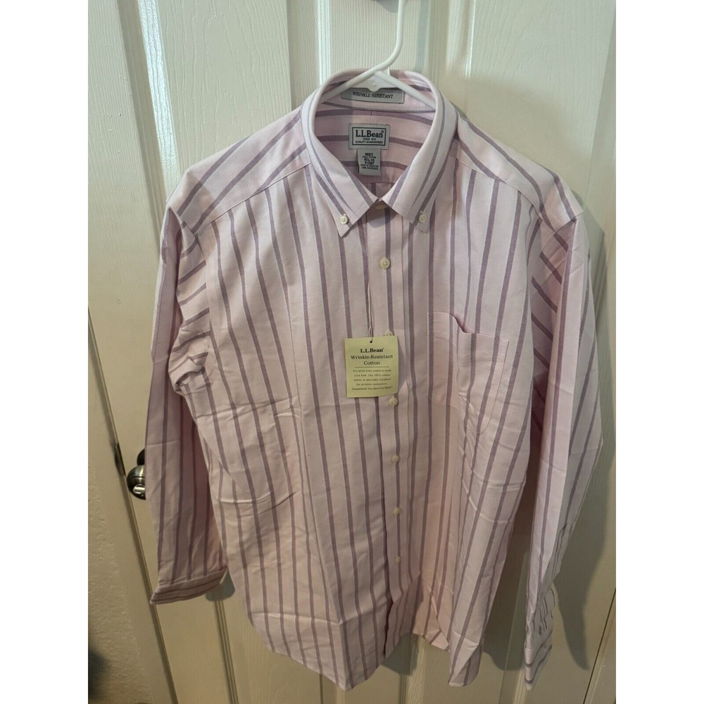 LL Bean Shirt Mens 15.5-33 Wrinkle Resistant Striped Long Sleeve Pink White NWT